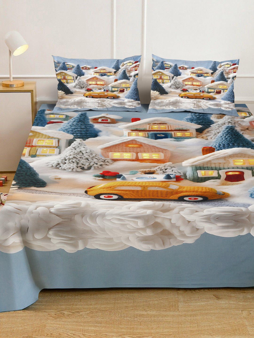 Multi Digital Cartoon Characters Printed Cotton Blend Fitted Double Bedsheet with 2 Pillow Covers