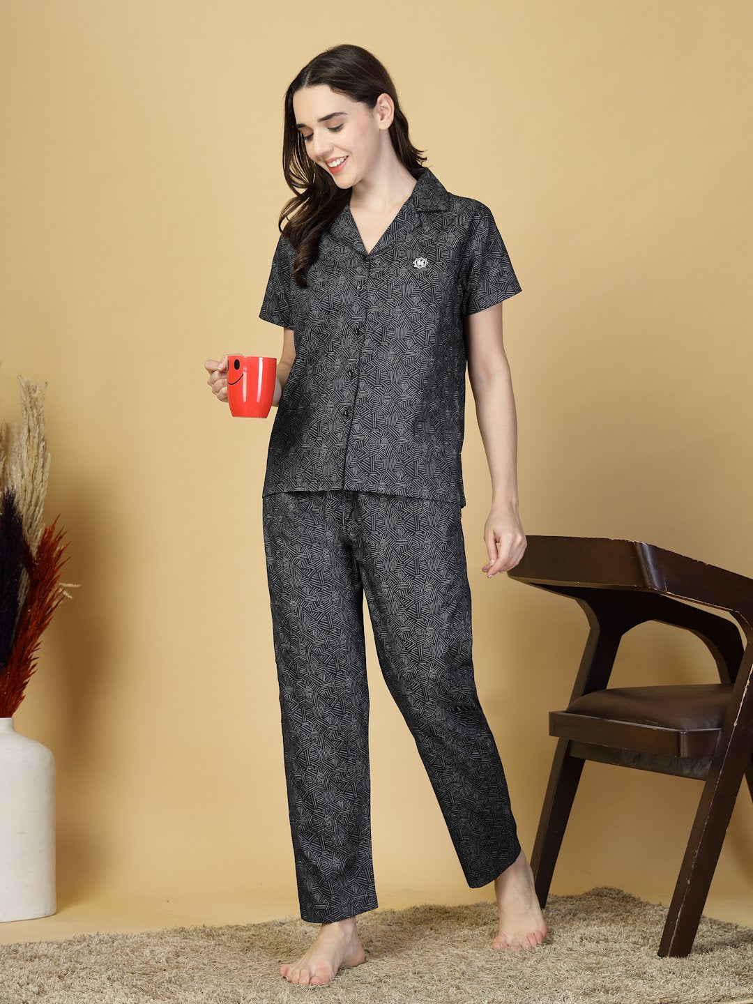 Women Black Abstract Pure Cotton Night Suit