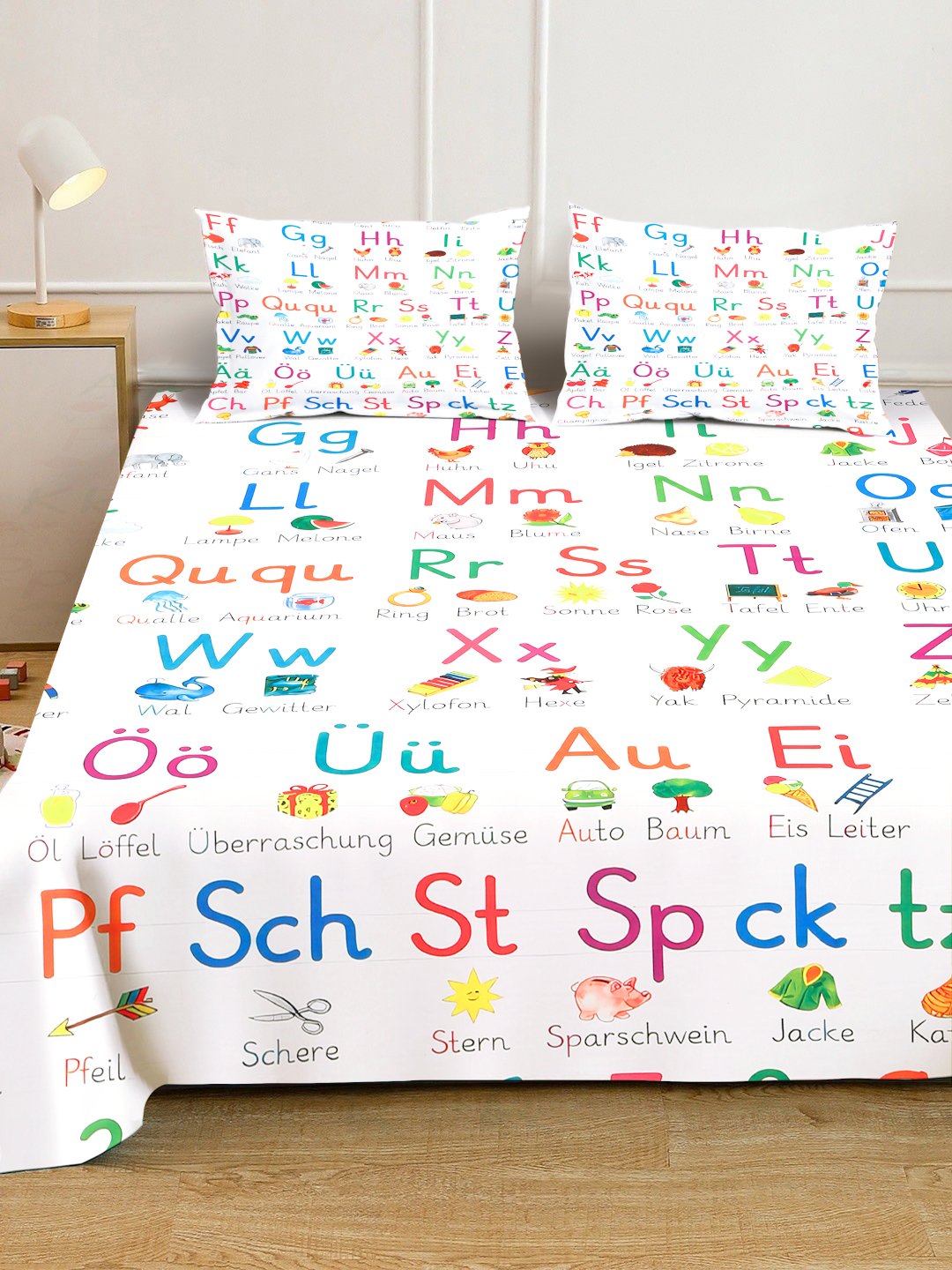 White Digital Cartoon Characters Printed Cotton Blend Double Bedsheet with 2 Pillow Covers