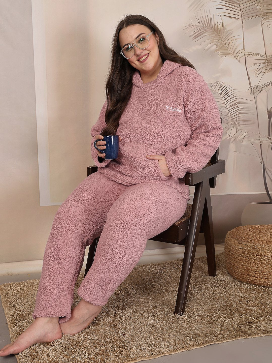 Women Rust Solid Sherpa Heavy Winter Hooded Pluz Size Woolen Night Suit