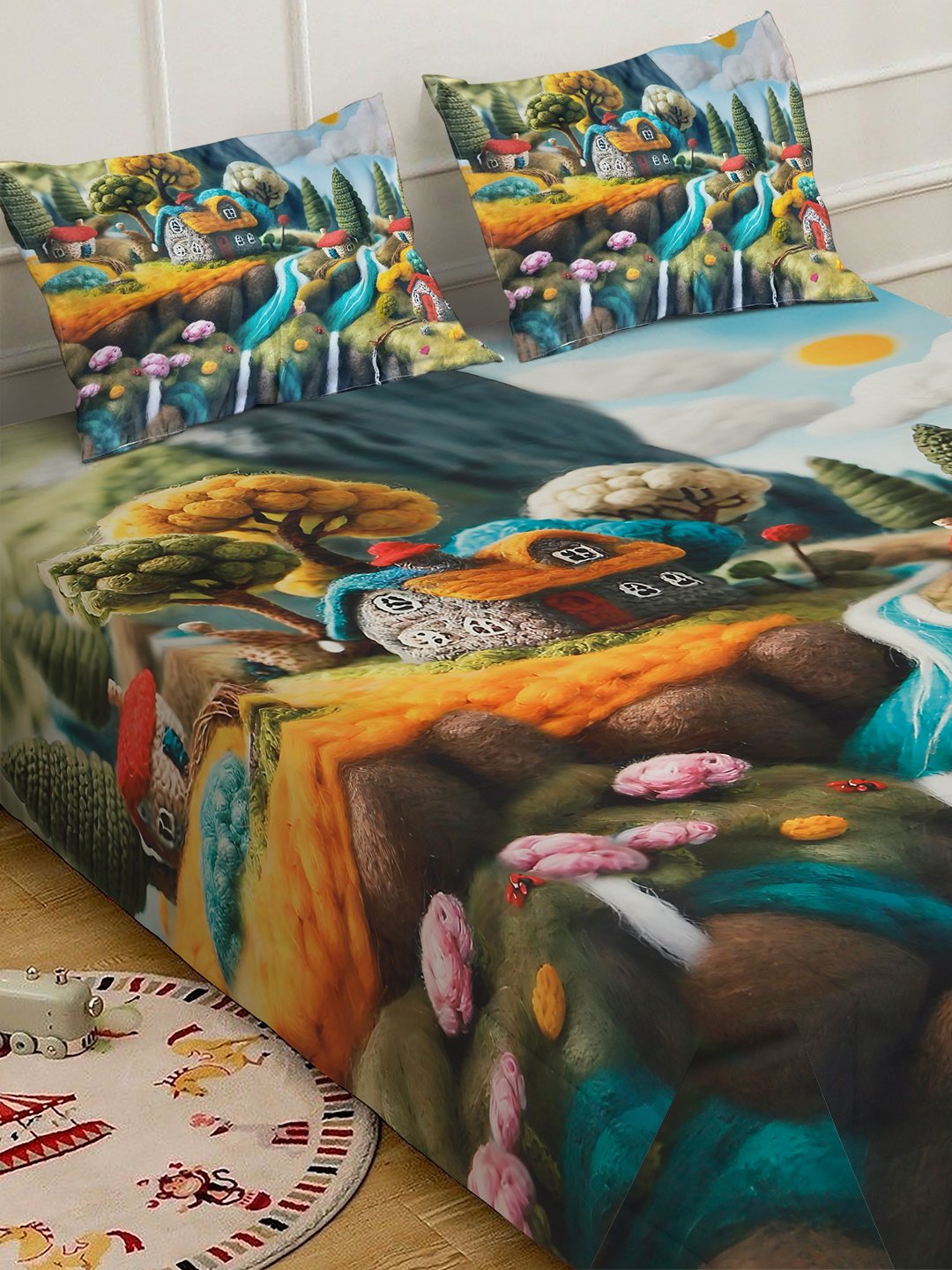 Multi 7D Cartoon Characters Printed Fitted Cotton Blend Double Bedsheet with 2 Pillow Covers