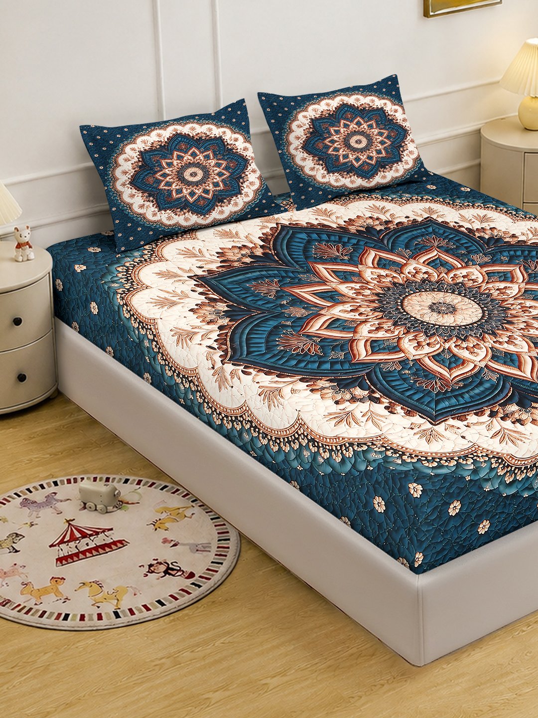 Digital Printed Blue Floral Cotton Blend Double Bedsheet with 2 Pillow Covers