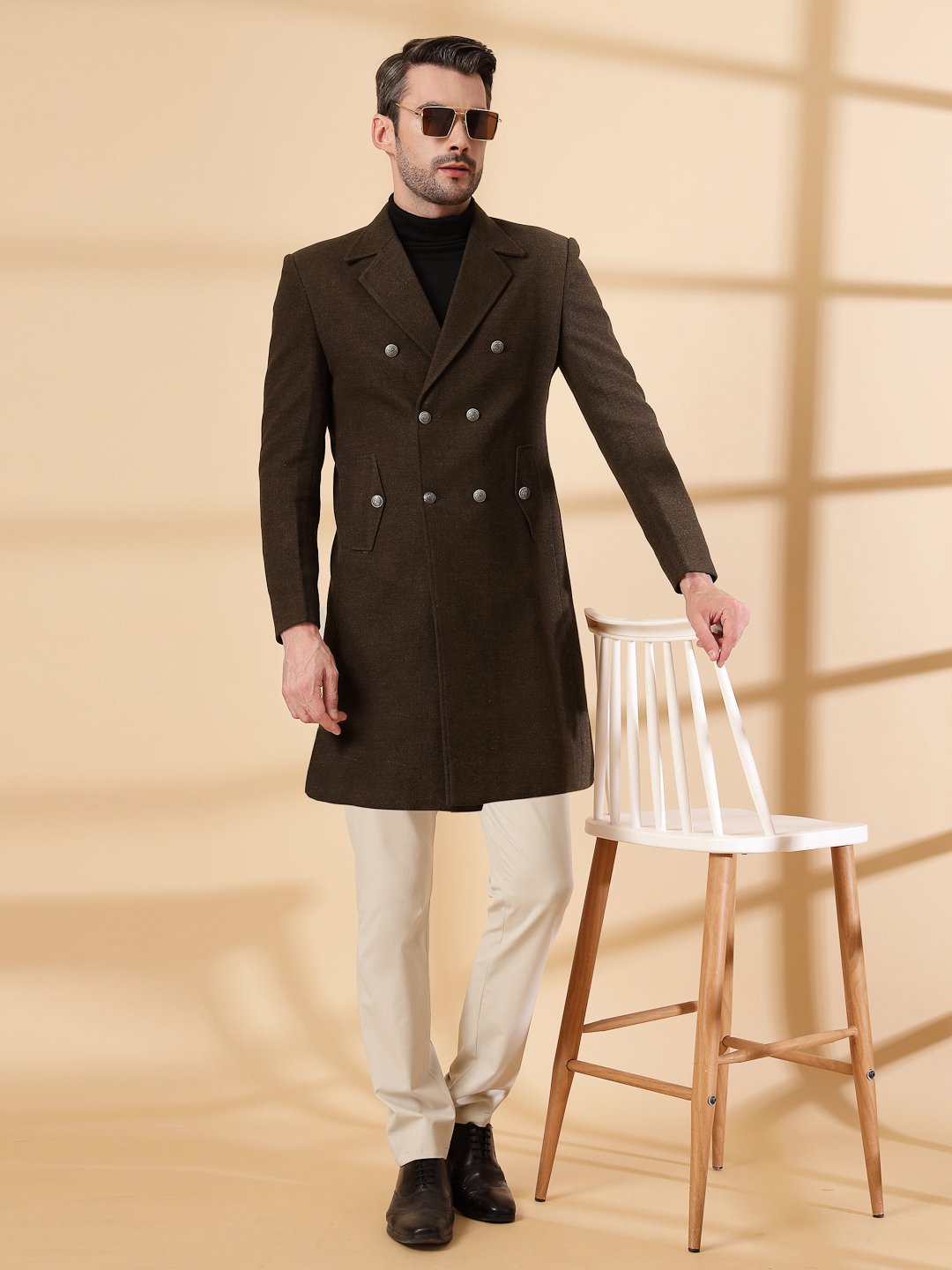 Dark Brown Long Sleeve Double-Breasted Woolen Coat