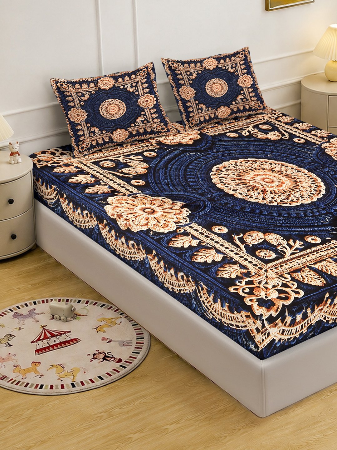 Digital Printed Blue Floral Cotton Blend Double Bedsheet with 2 Pillow Covers