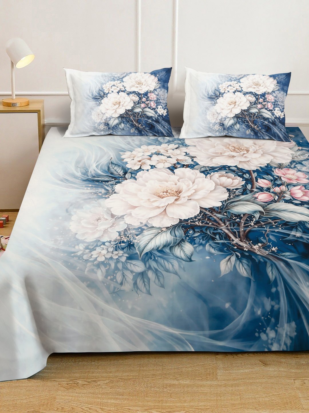 Blue Digital Floral Printed Cotton Blend Fitted Double Bedsheet with 2 Pillow Covers