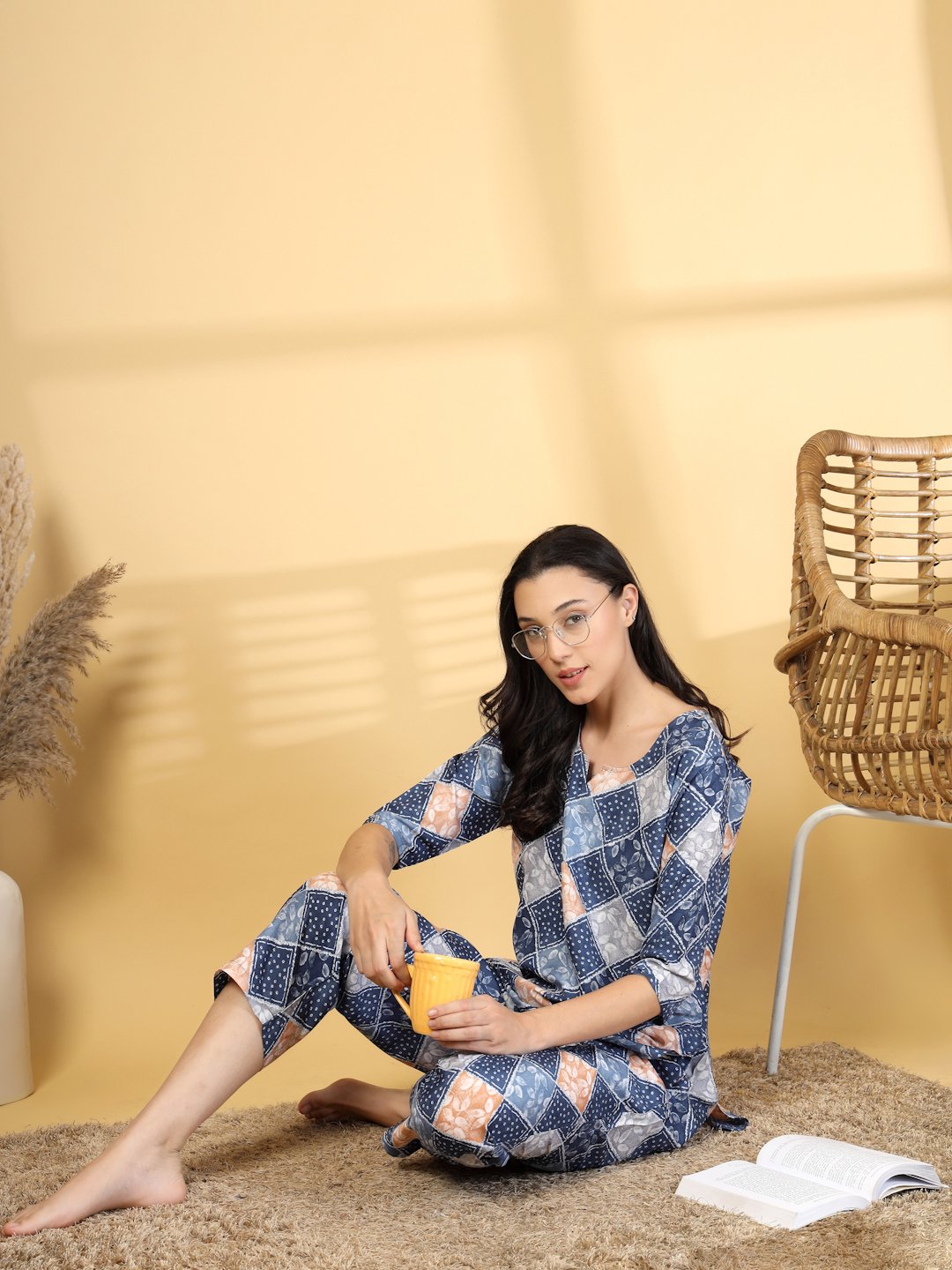 Women Blue Geometric Cotton BlendNight Suit