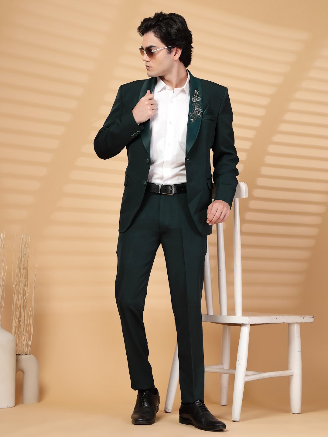 Green Solid Embroidery Single-Breasted Two-Piece Party Suit