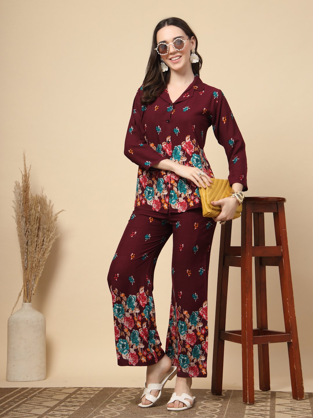 Wine Cotton Printed Shirt With Trousers Co-Ords Set