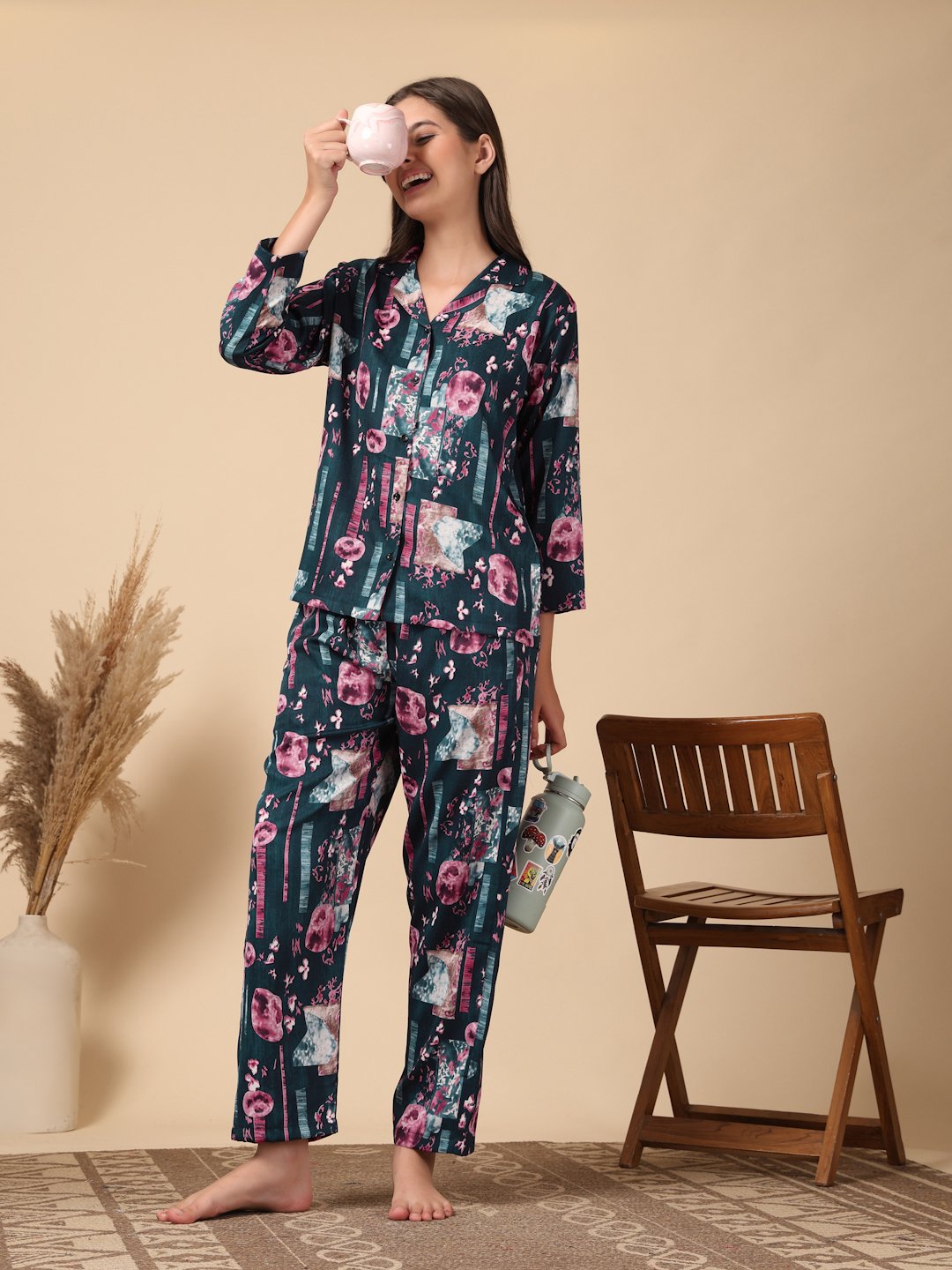 Turquoise Geometric Cotton Blend Women Night Suit