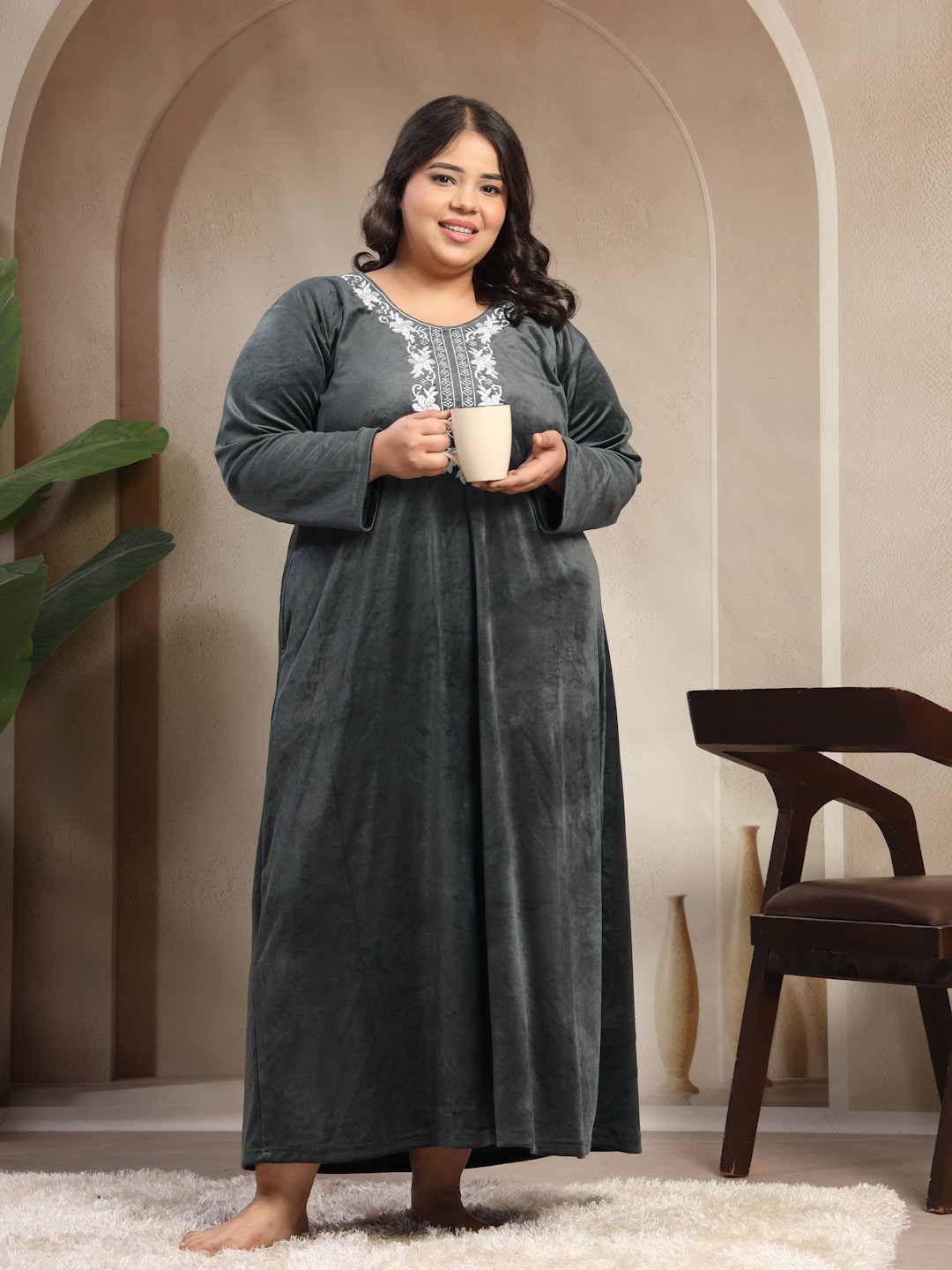 Klotthe Grey Solid Soft touch Velvet Maxi Nightdress