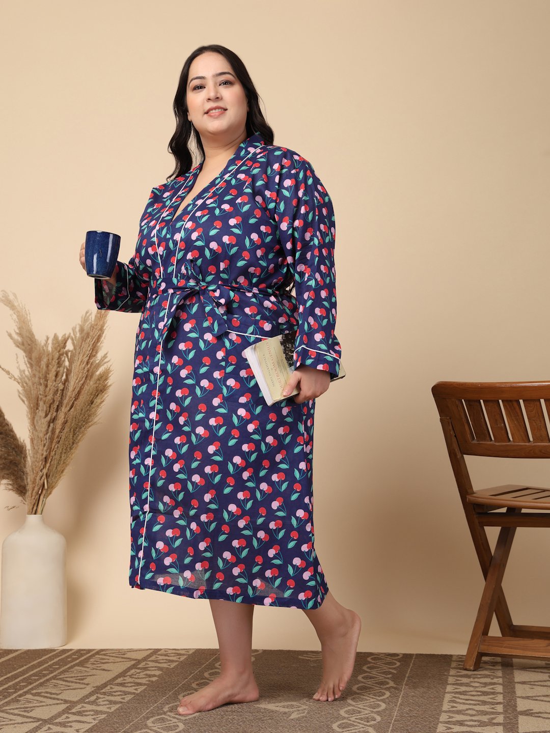 Women Printed Blue Abstract Plus Size Pure Cotton Bath Robe With Belt