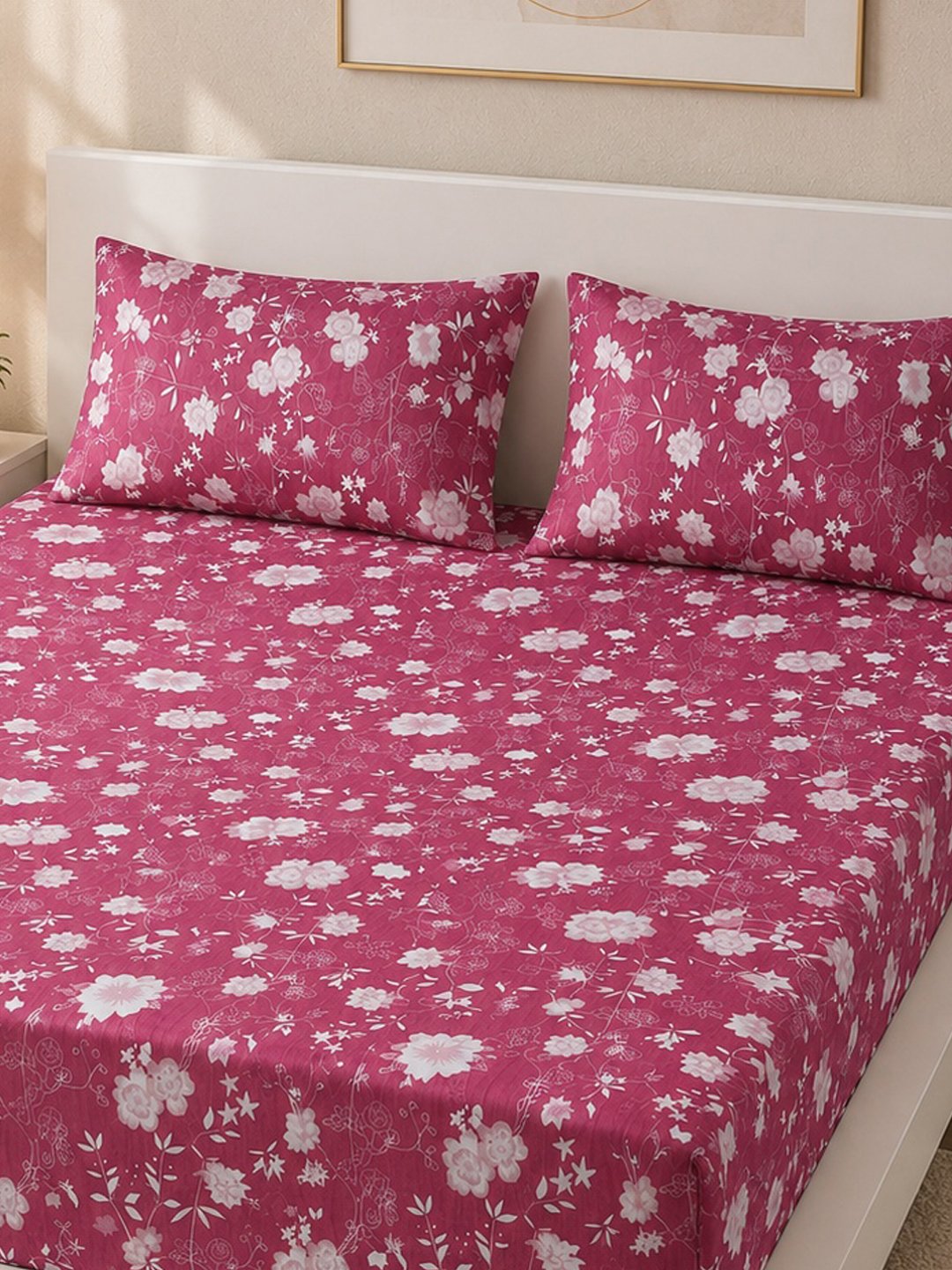 Pink Floral Cotton Blend Fitted Double Bedsheet with 2 Pillow Covers