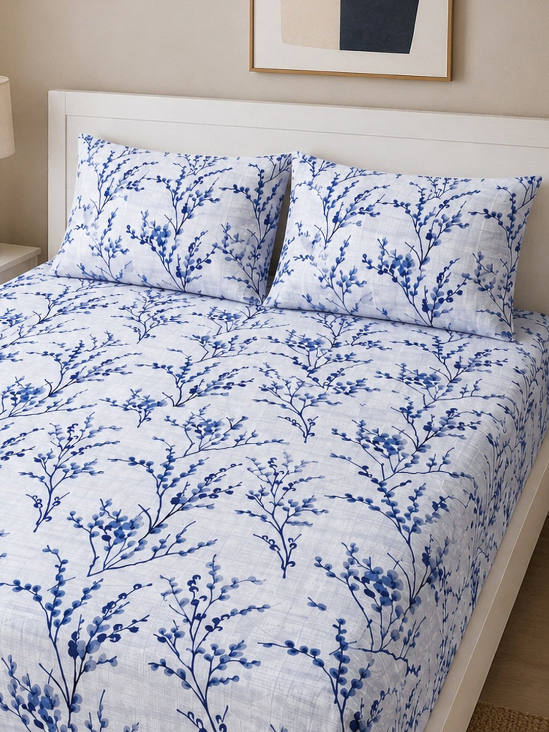 Blue Floral Cotton Blend Double Bedsheet with 2 Pillow Covers
