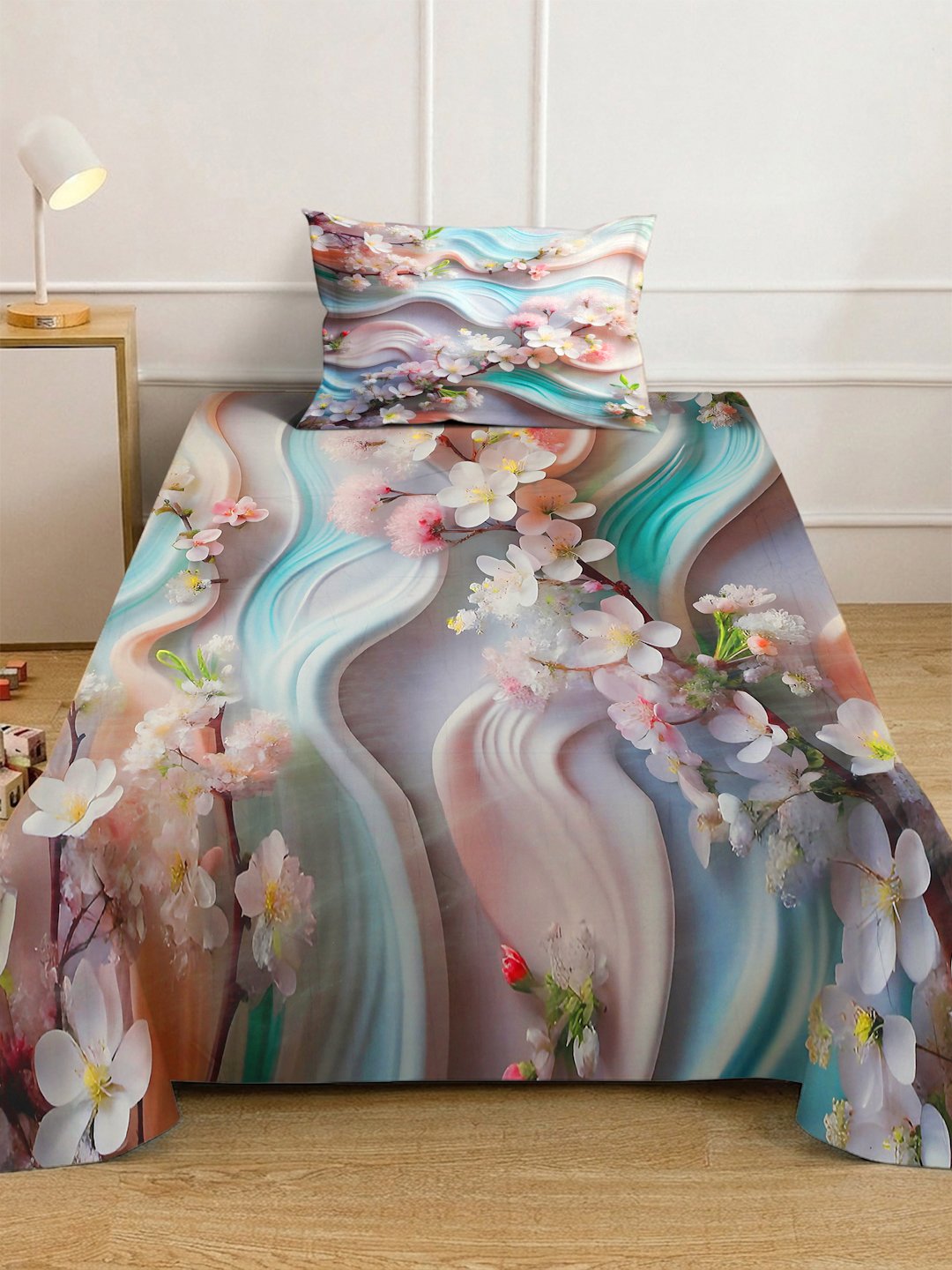 Multi Digital Floral Printed Cotton Blend Single Bedsheet with Pillow Cover