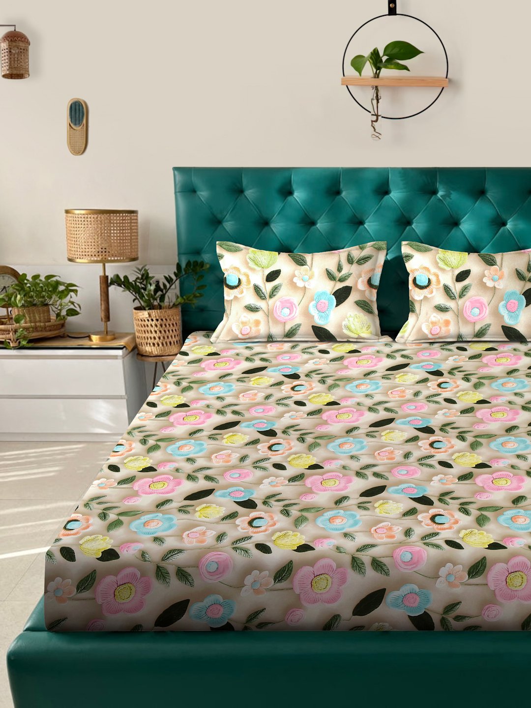 Beige Floral 7D King Size Cotton Blend Double Bedsheet with 2 Pillow Covers