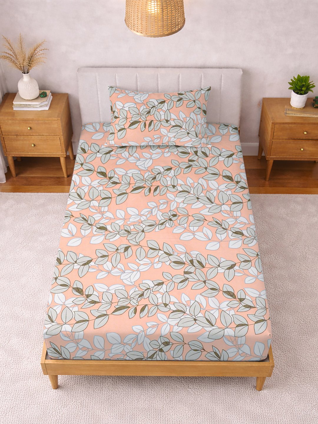 Orange Floral Cotton Blend Single Bedsheet with Pillow Cover