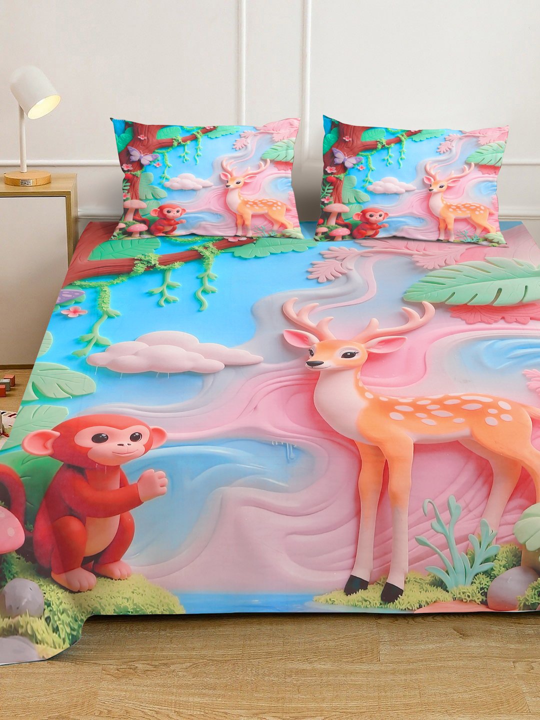 Multi Digital Animal Printed Cotton Blend Fitted Double Bedsheet with 2 Pillow Covers