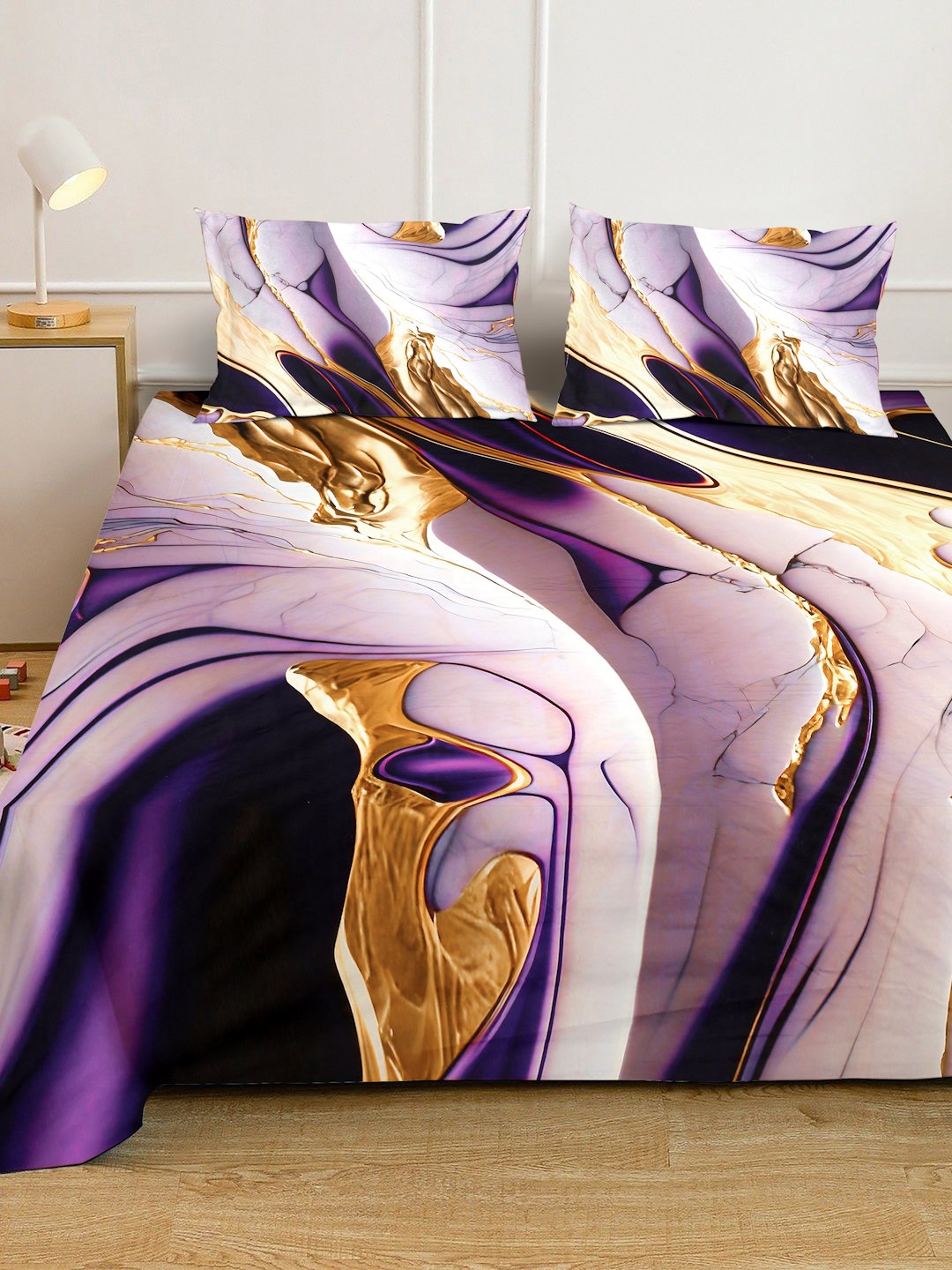 Purple Digital Abstract Printed Cotton Blend Double Bedsheet with 2 Pillow Covers