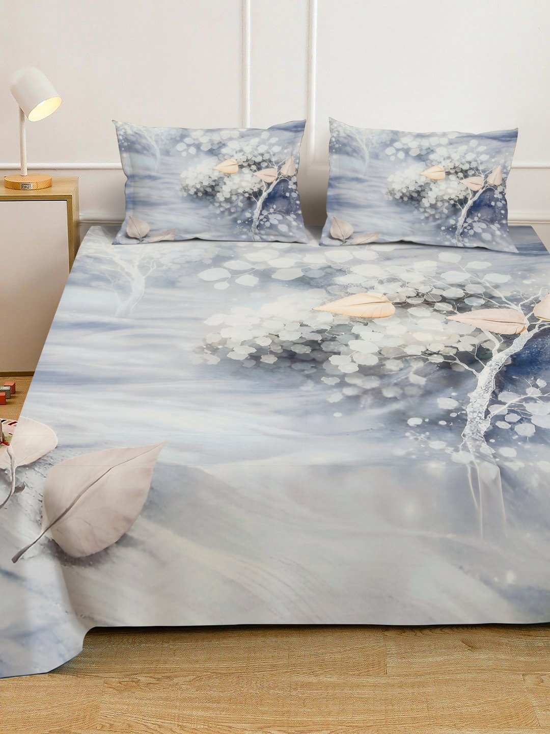 Grey Digital Floral Printed Cotton Blend Double Bedsheet with 2 Pillow Covers