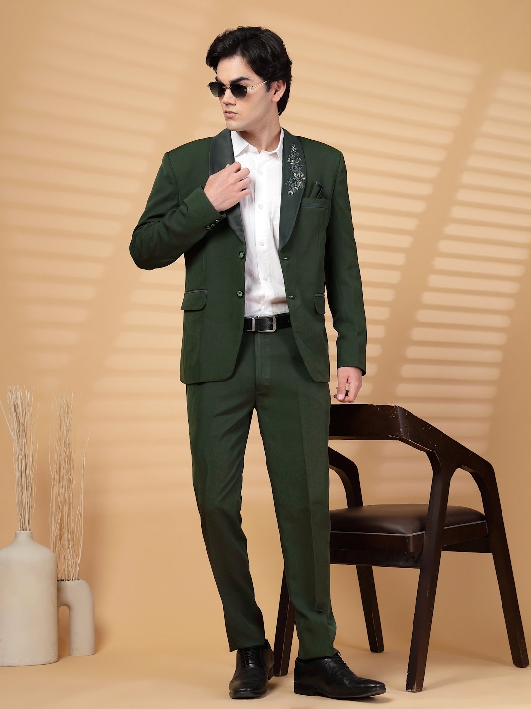 Green Solid Embroidery Single-Breasted Two-Piece Party Suit