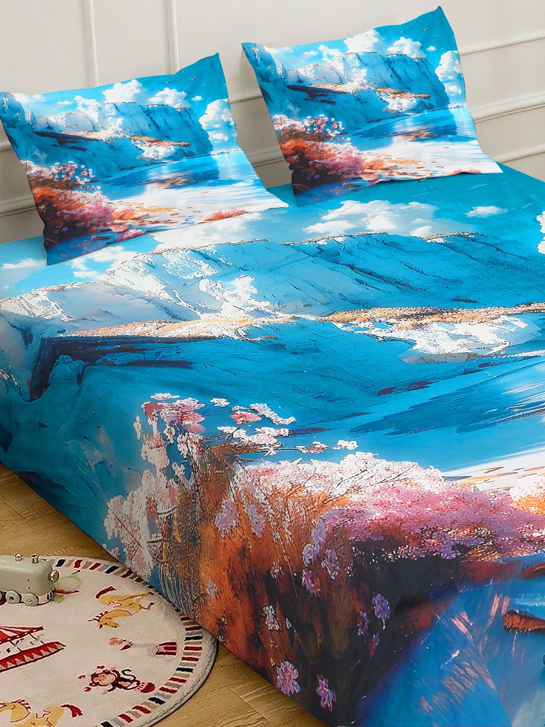 Blue 7D Floral Printed Fitted Cotton Blend Double Bedsheet with 2 Pillow Covers