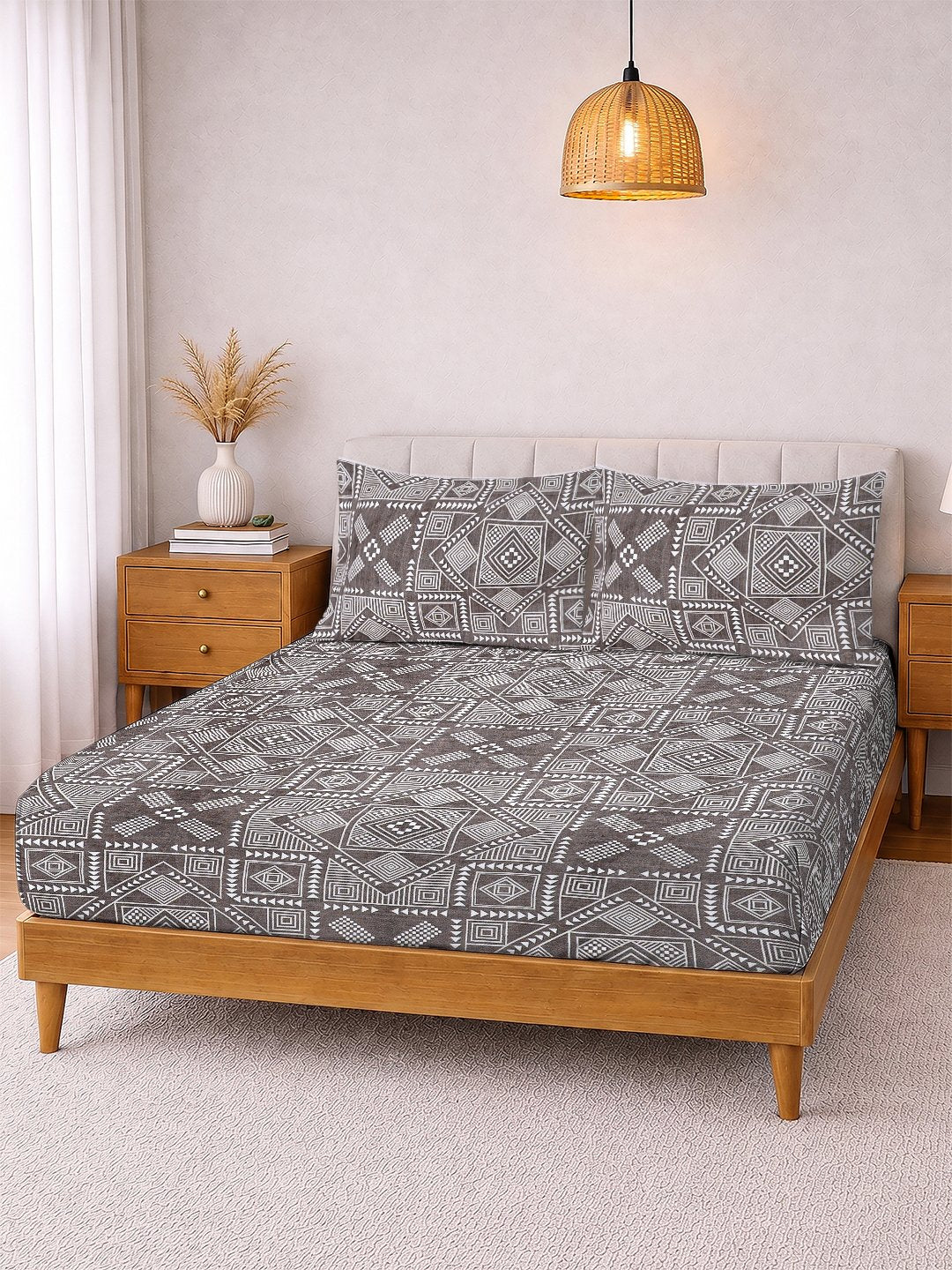 Brown Geometric Cotton Blend Fitted Double Bedsheet with 2 Pillow Covers