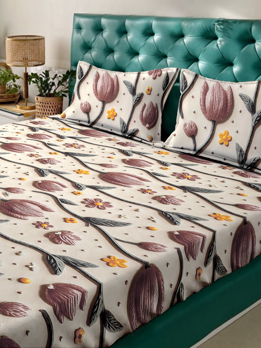 Cream Floral 7D King Size Cotton Blend Fitted Double Bedsheet with 2 Pillow Covers