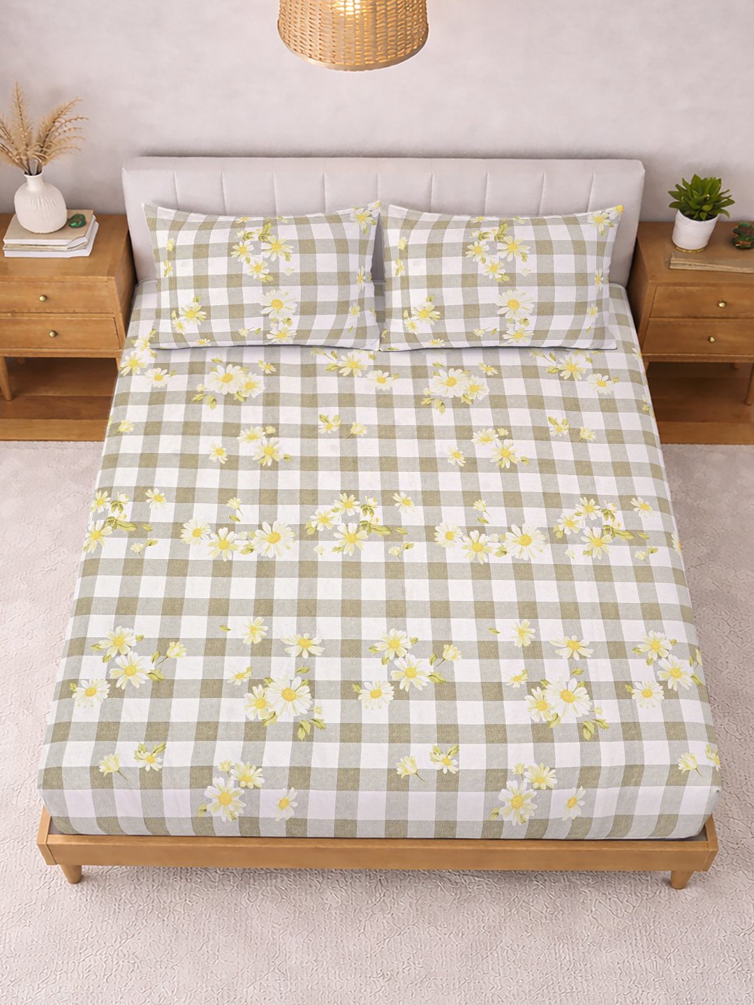 Beige Floral Cotton Blend Double Bedsheet with 2 Pillow Covers