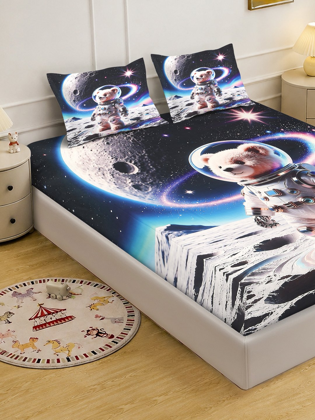 Digital Printed Multi Cartoon Characters Cotton Blend Double Bedsheet with 2 Pillow Covers