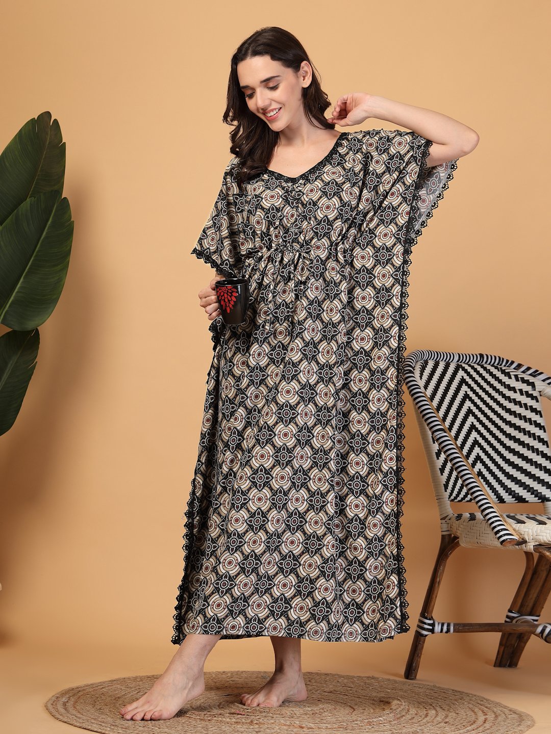 Black Floral Cotton Blend Kaftan Maxi Nightdress