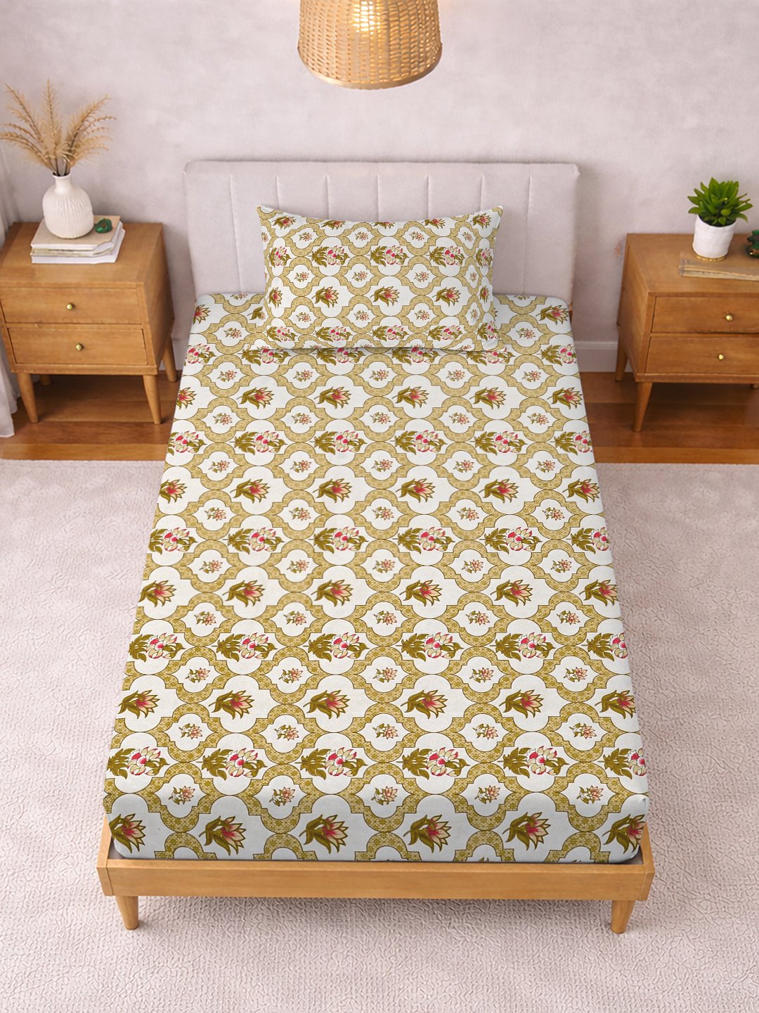 Yellow Floral Cotton Blend Fitted Single Bedsheet with Pillow Cover