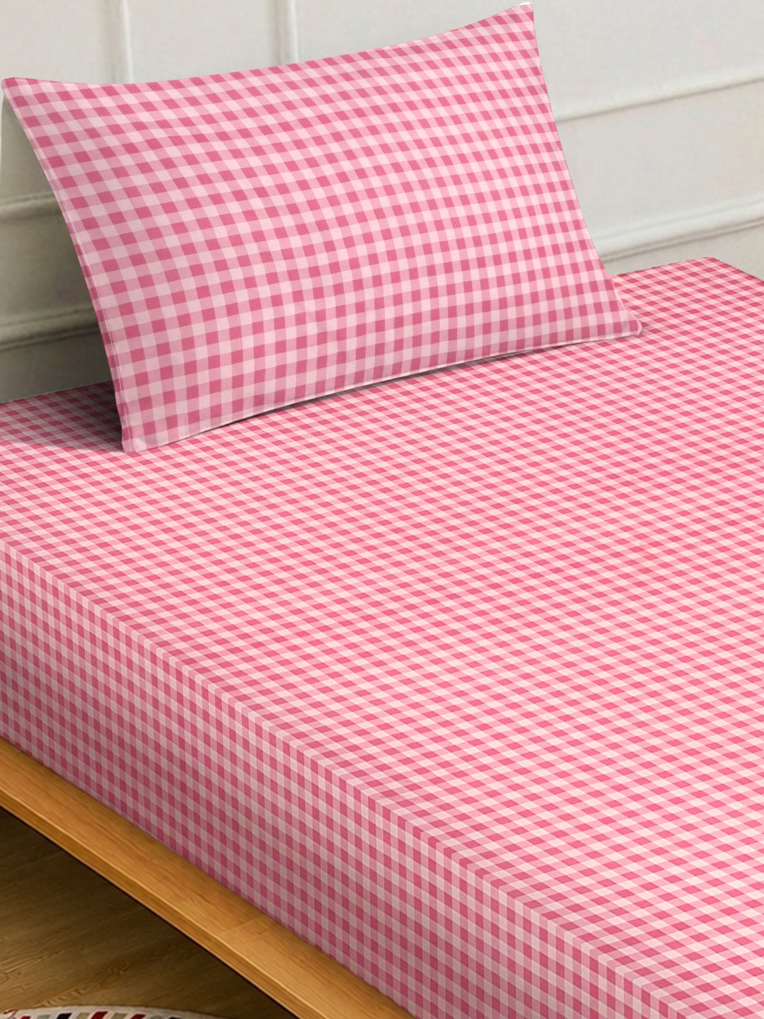 Red Checked Cotton Blend Fitted Single Bedsheet with Pillow Cover