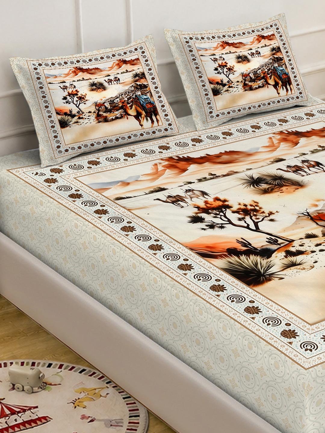 Digital Printed Cream Conversational Cotton Blend Double Bedsheet with 2 Pillow Covers