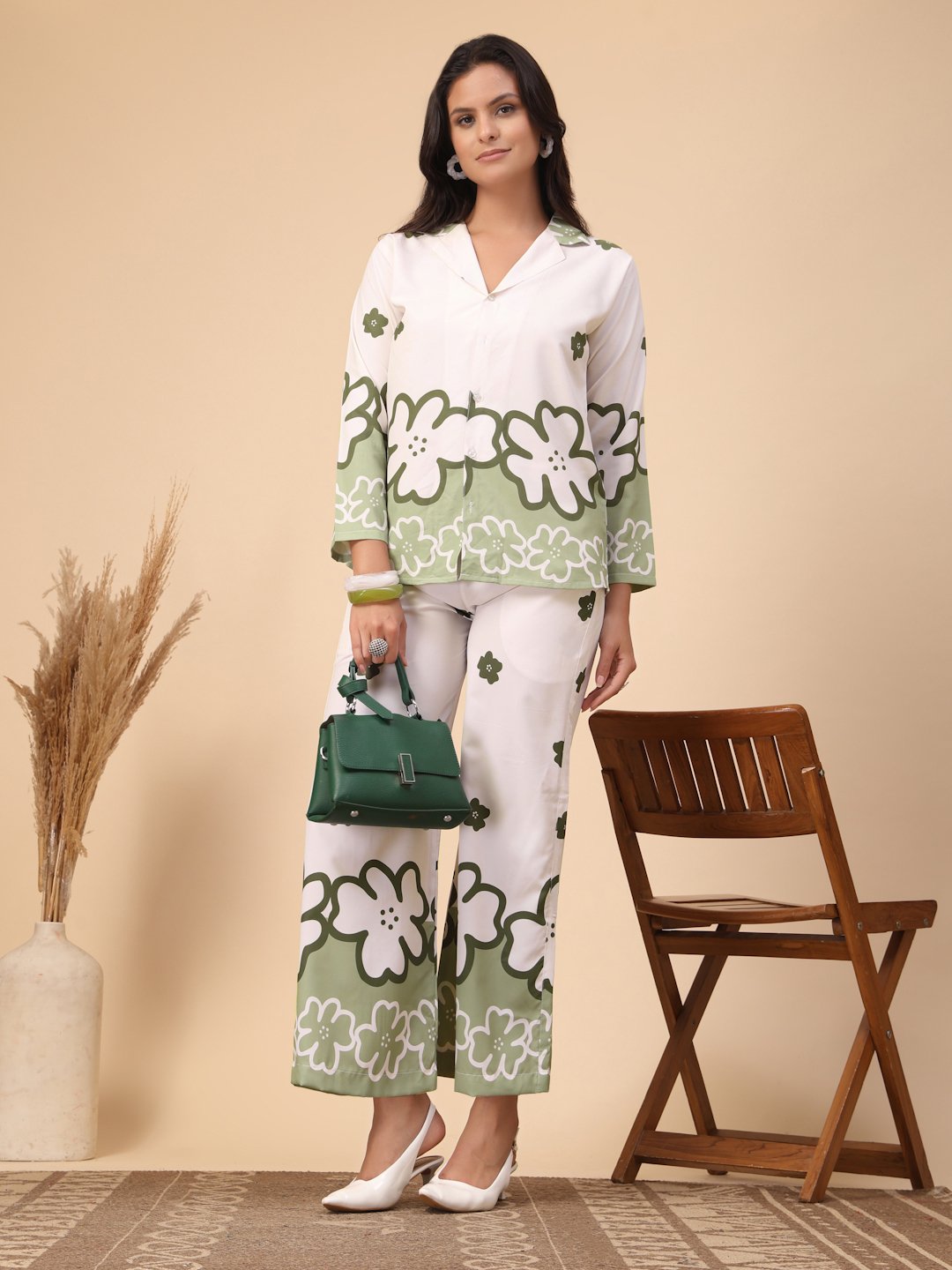 Cream Cotton Printed Shirt With Trousers Co-Ords Set