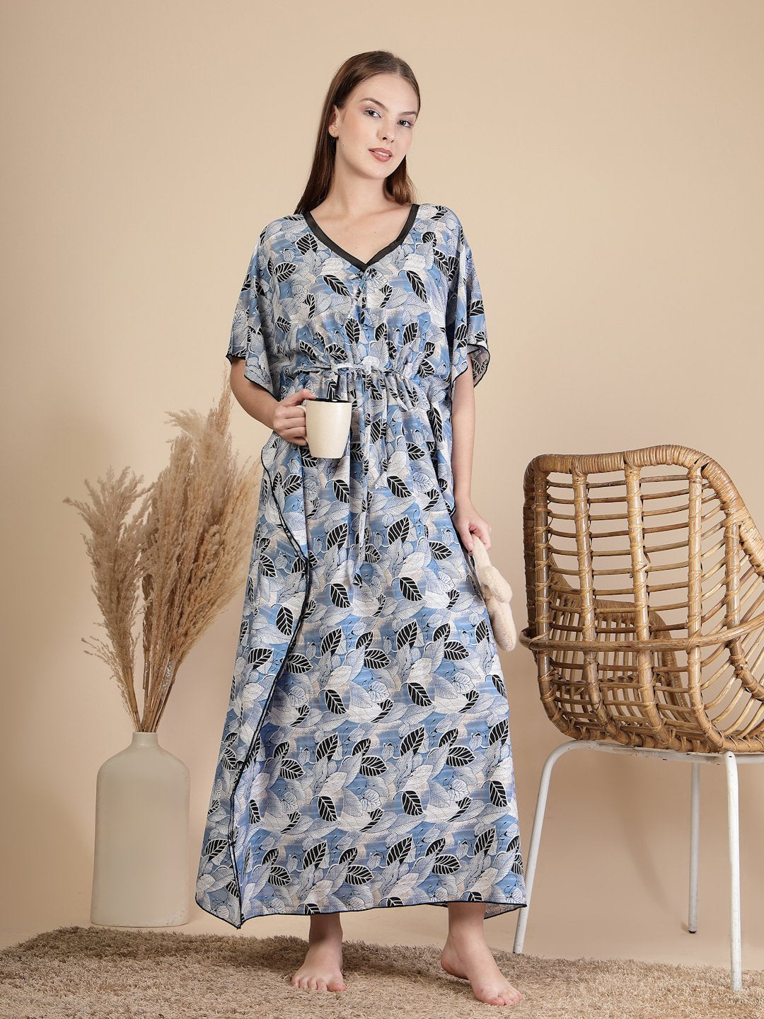 Blue Floral Cotton Blend Kaftan Maxi Nightdress