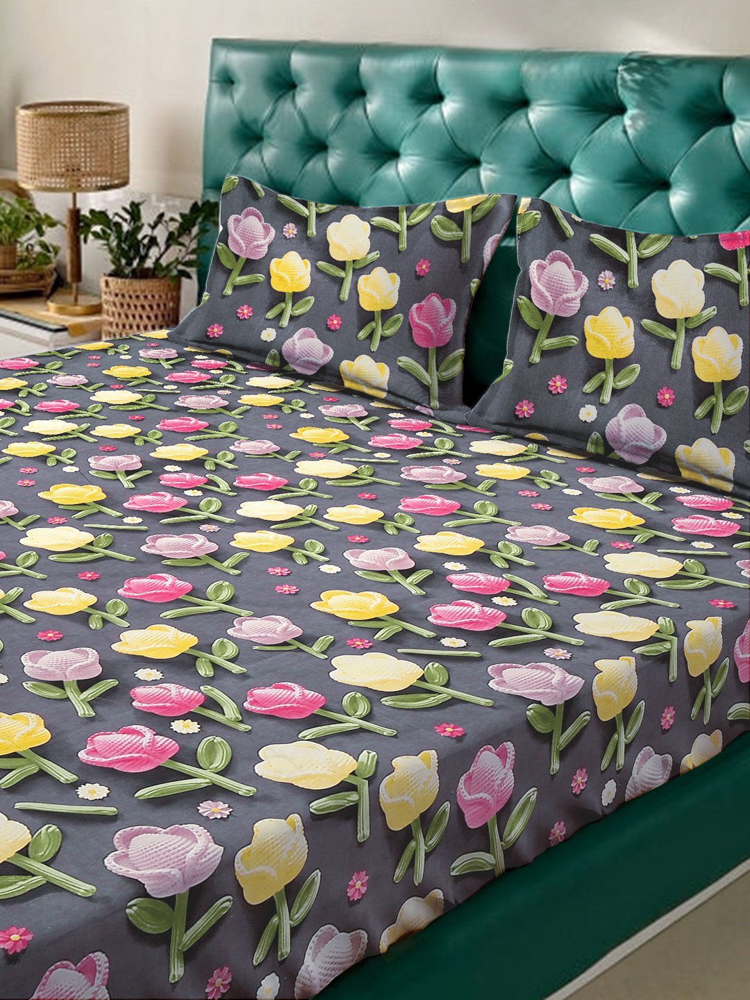 Grey Floral 7D King Size Cotton Blend Fitted Double Bedsheet with 2 Pillow Covers