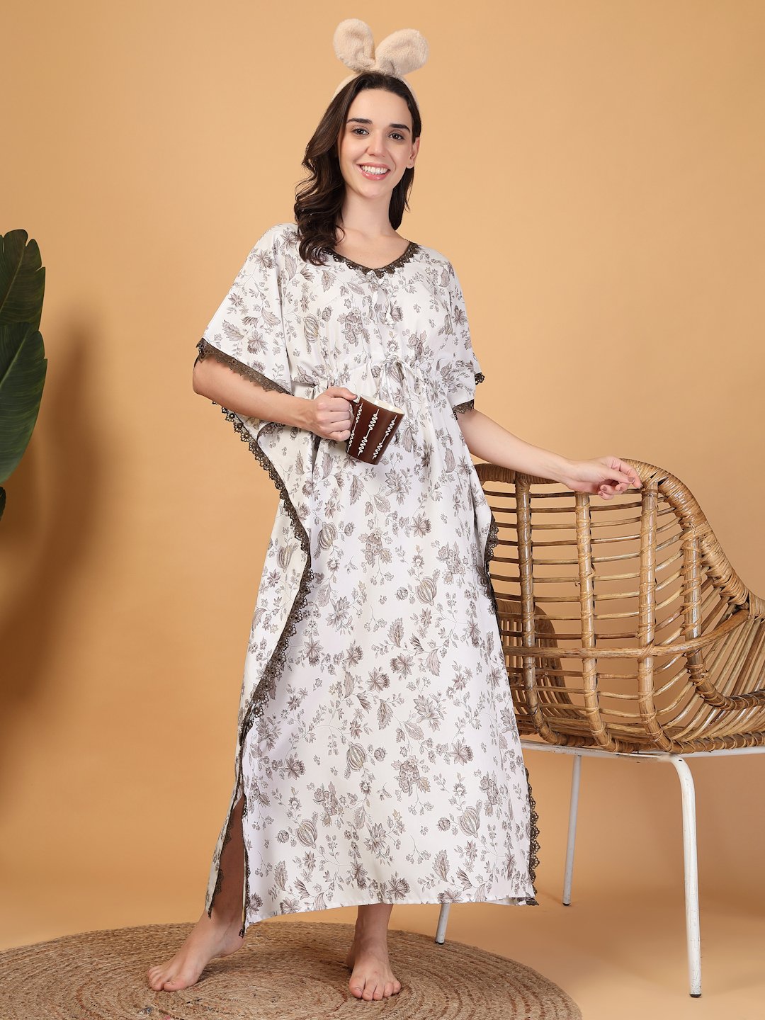 White Floral Cotton Blend Kaftan Maxi Nightdress