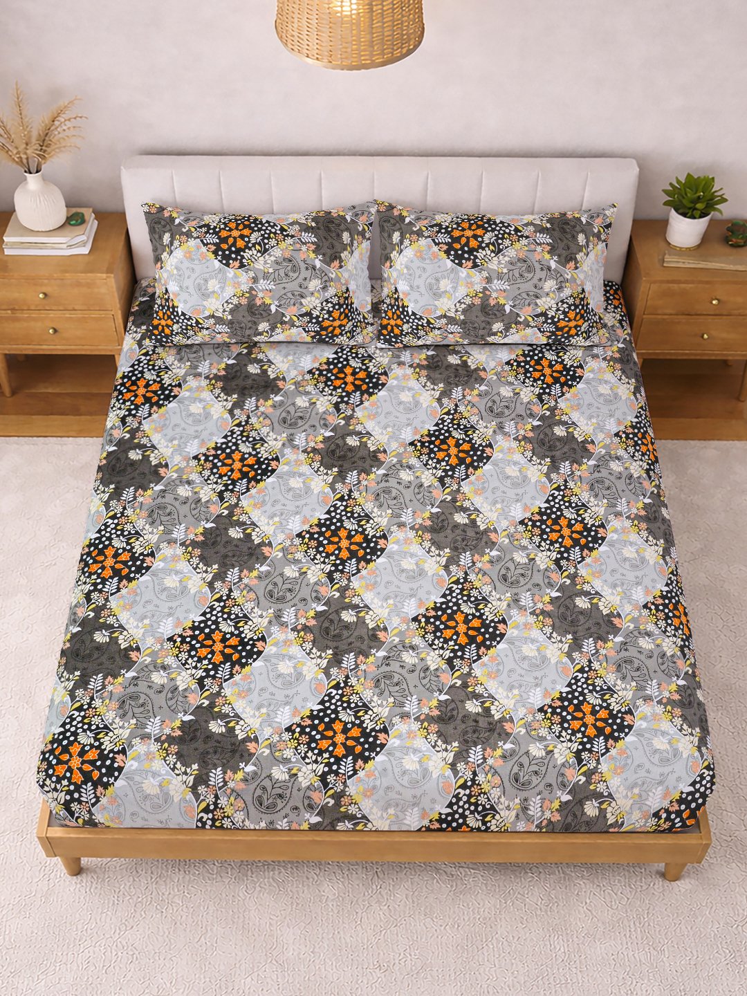 Grey Floral Cotton Blend Fitted Double Bedsheet with 2 Pillow Covers