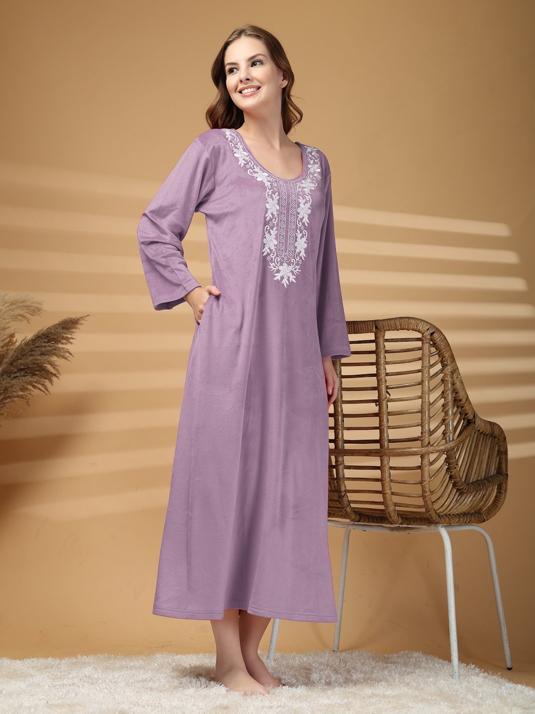 Klotthe Purple Solid Soft touch Velvet Maxi Nightdress
