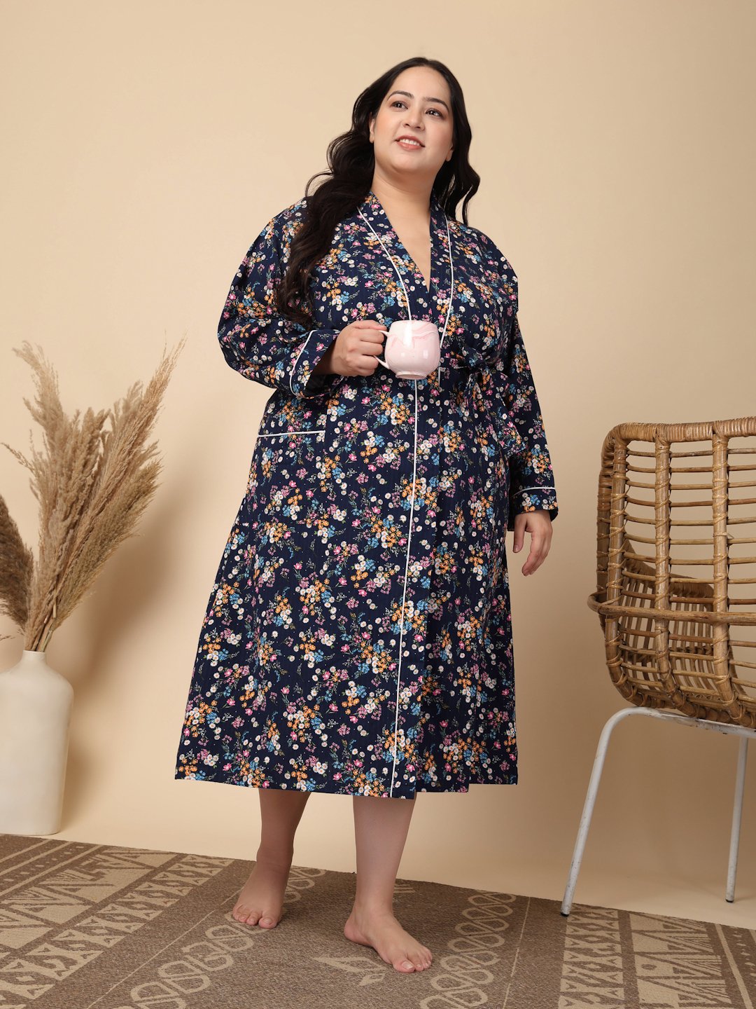 Women Printed Blue Floral Plus Size Pure Cotton Bath Robe With Belt