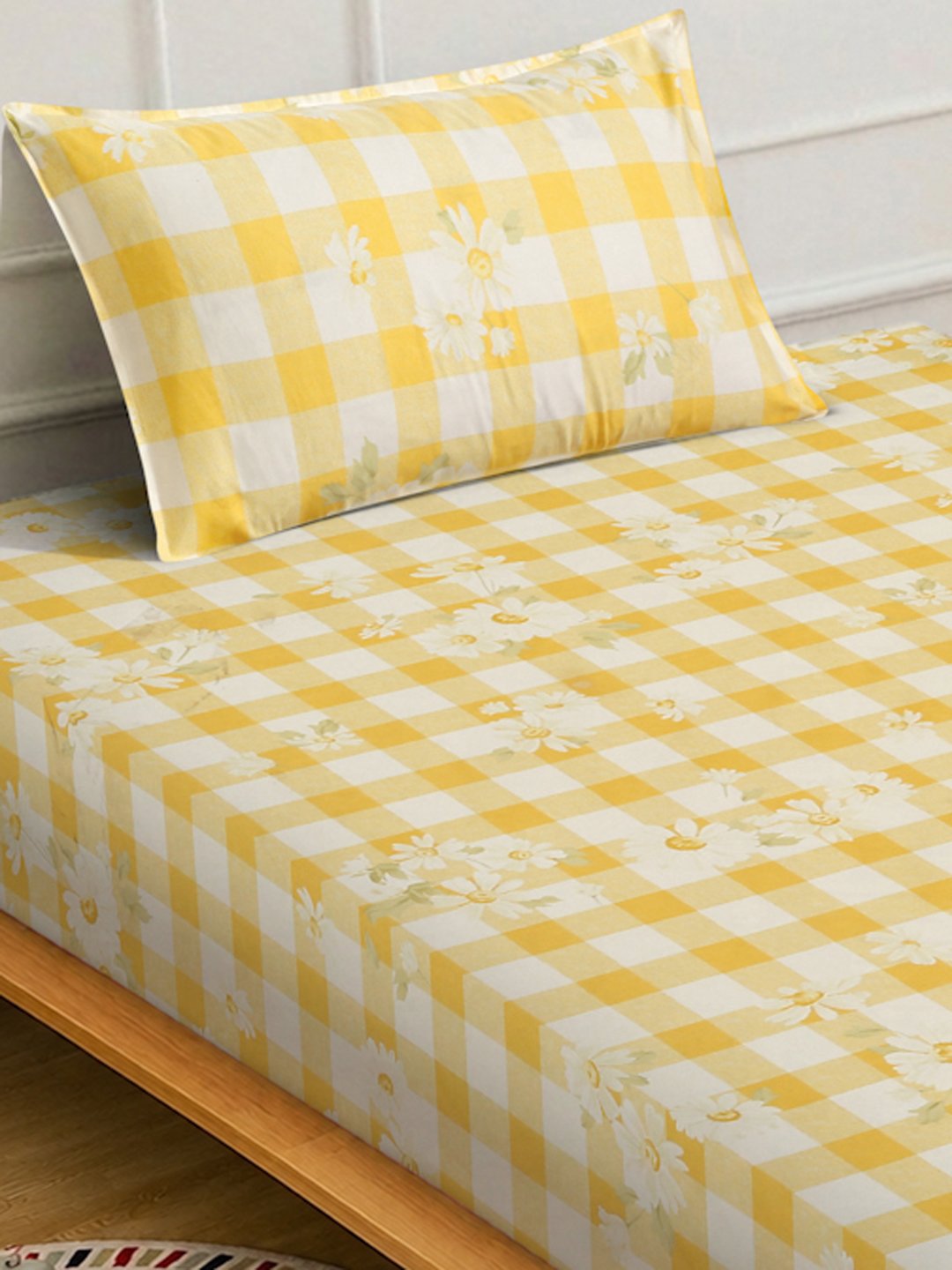 Yellow Floral Cotton Blend Fitted Single Bedsheet with Pillow Cover