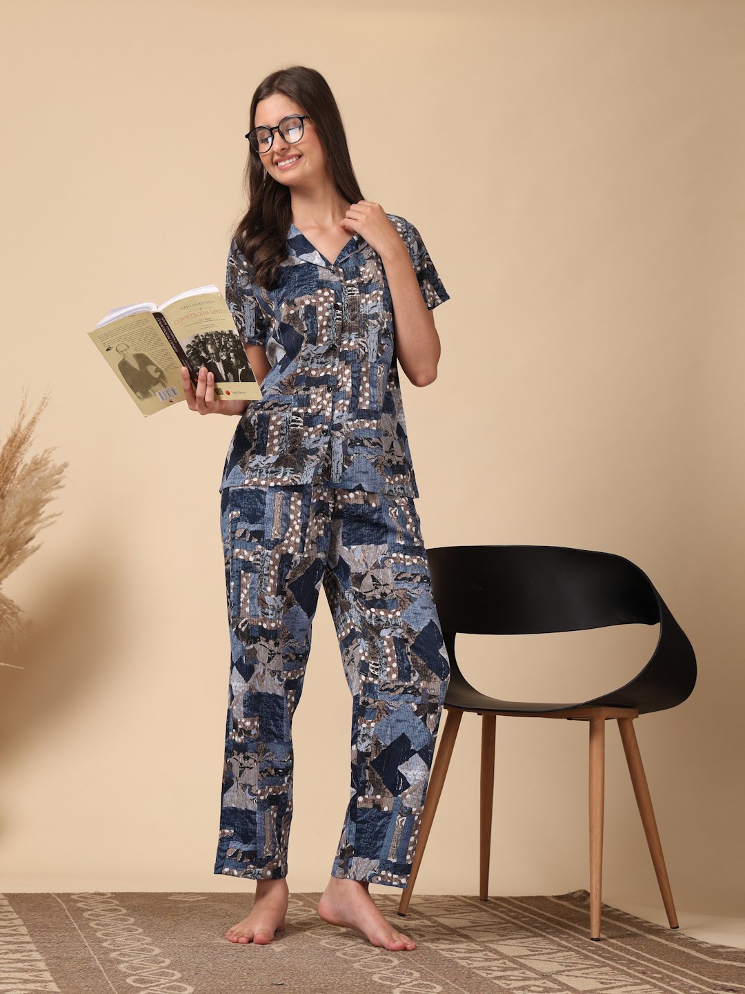 Blue Geometric Cotton Blend Women Night Suit