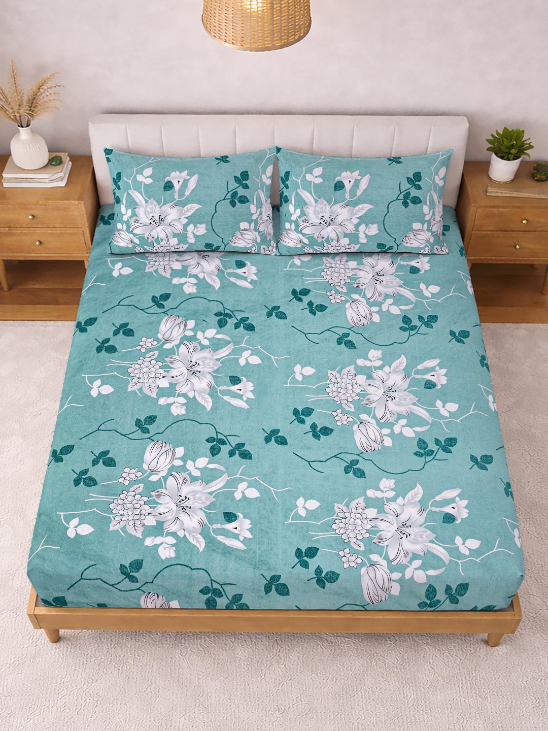 Green Floral Cotton Blend Fitted Double Bedsheet with 2 Pillow Covers