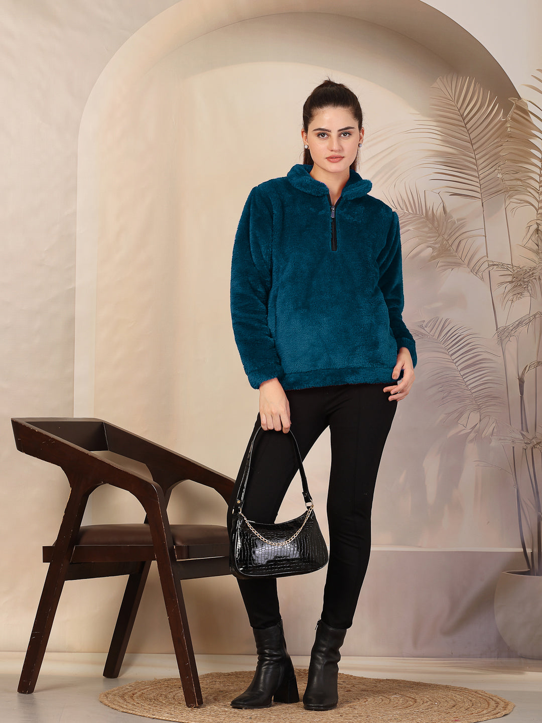 Klotthe Women Blue Solid Woolen Fur Winter Jacket