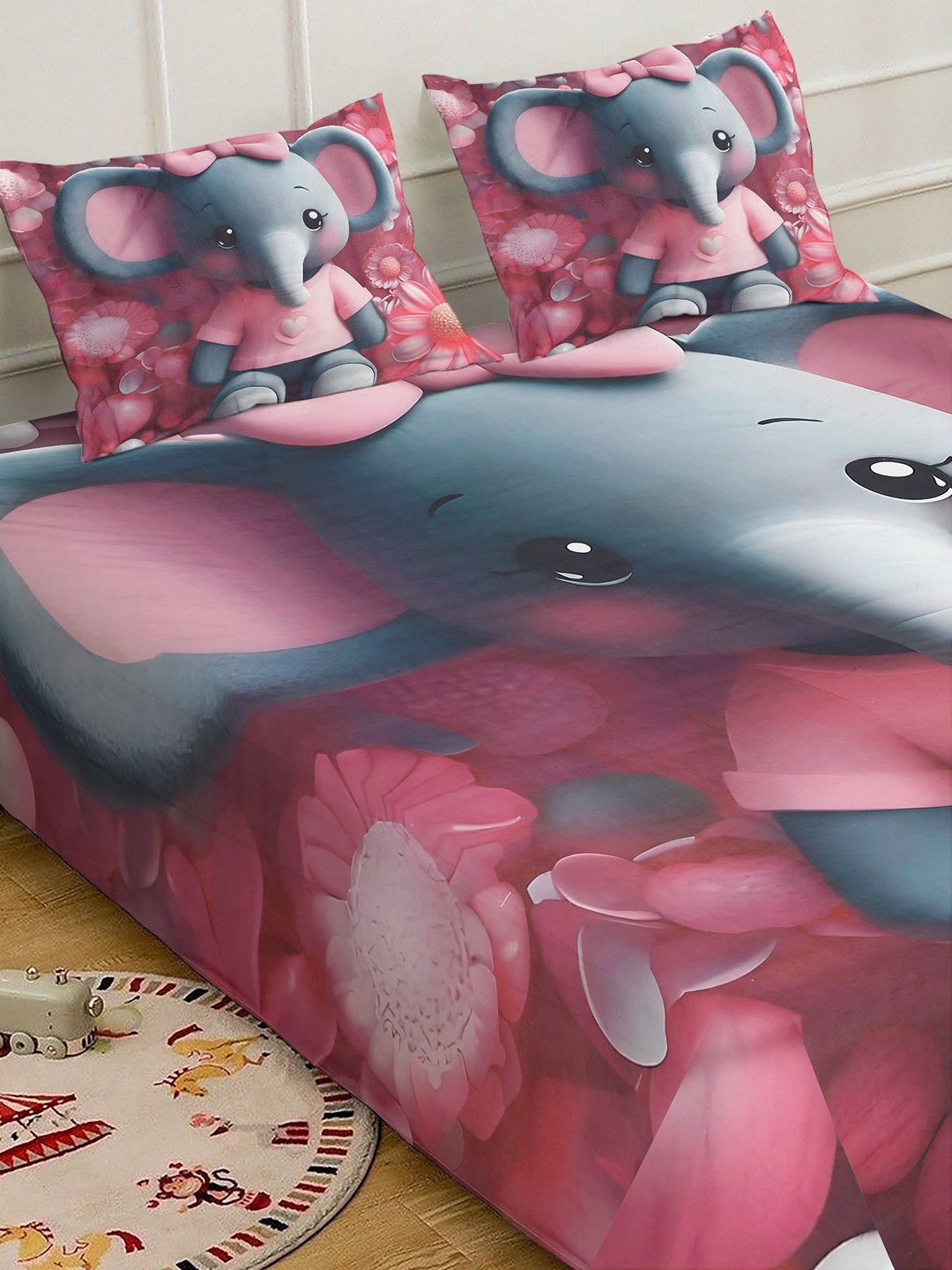 Red 7D Animal Printed Fitted Cotton Blend Double Bedsheet with 2 Pillow Covers