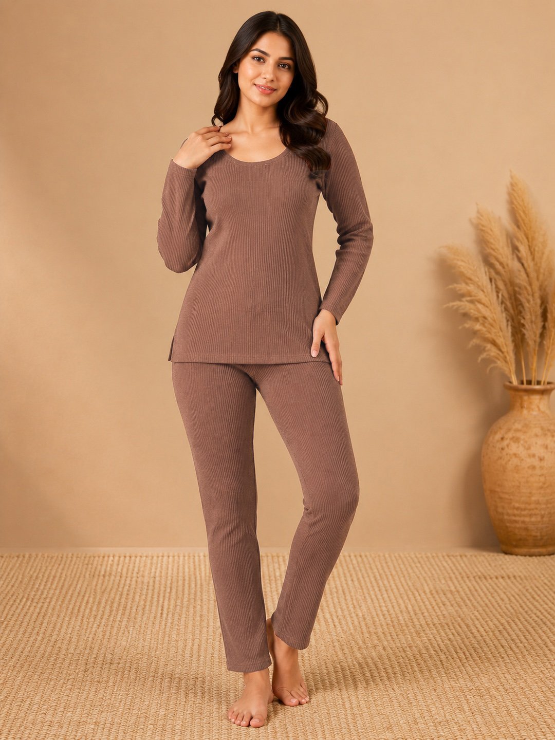 Orange Self Design Woolen Thermal Set