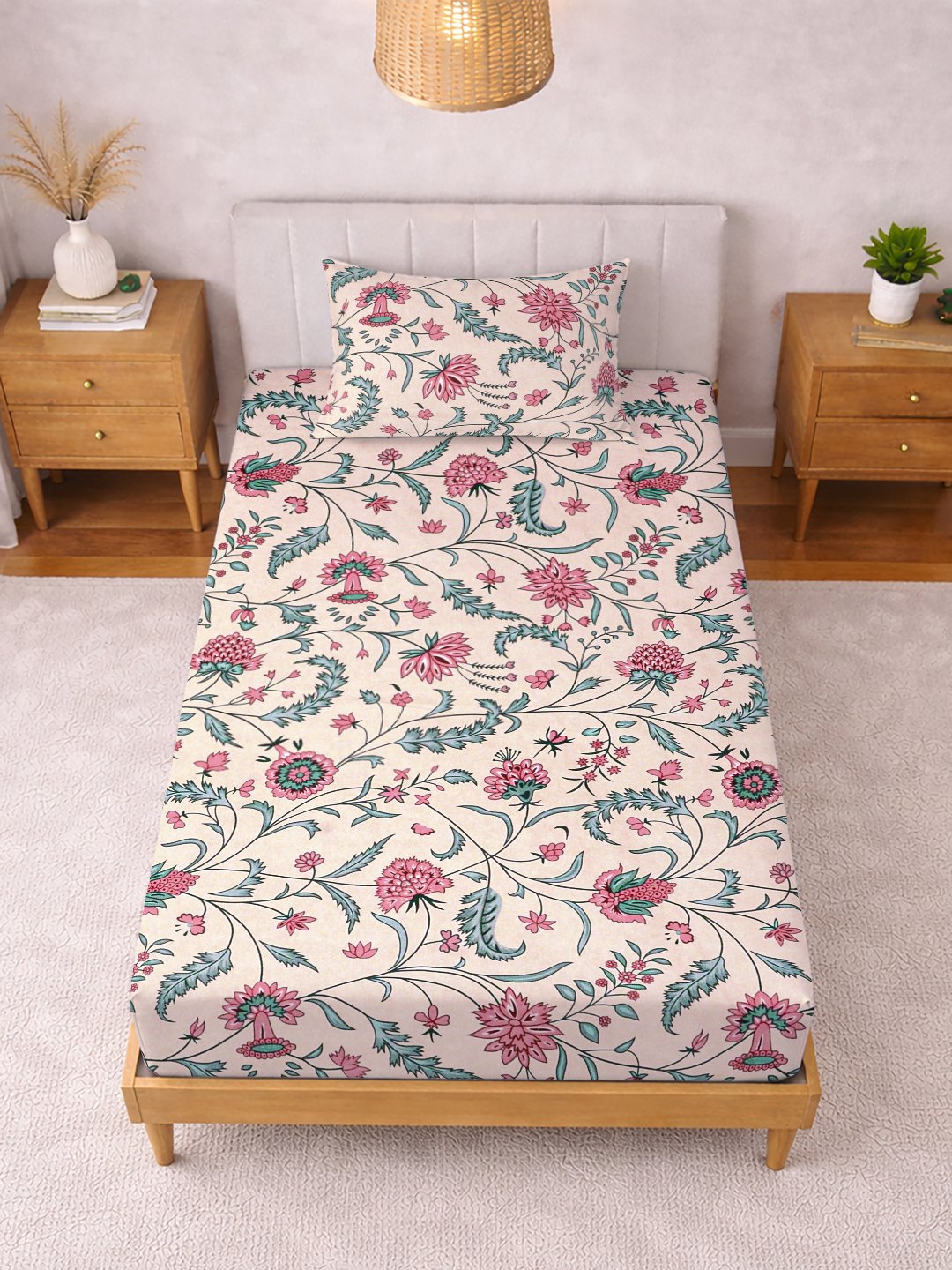 Beige Floral Cotton Blend Single Bedsheet with Pillow Cover