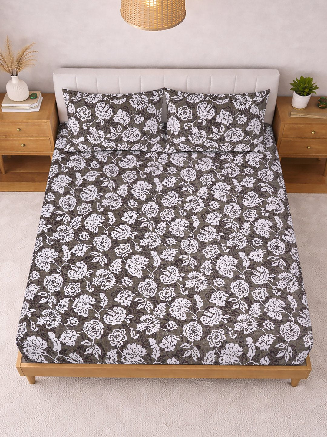 Brown Floral Cotton Blend Double Bedsheet with 2 Pillow Covers