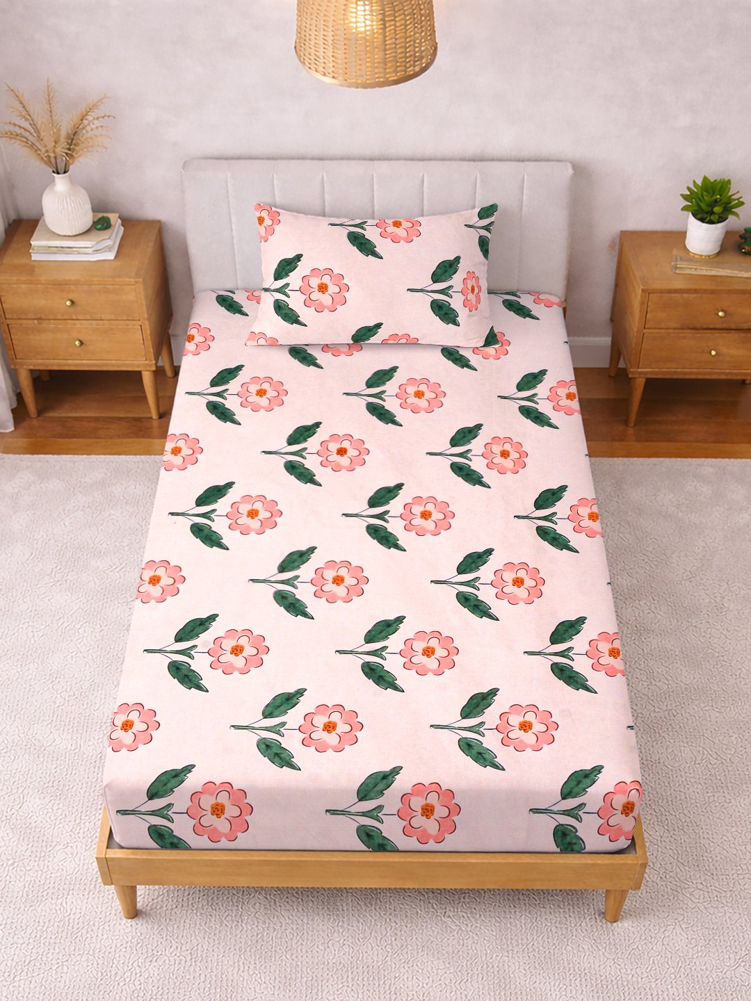 Pink Floral Cotton Blend Single Bedsheet with Pillow Cover