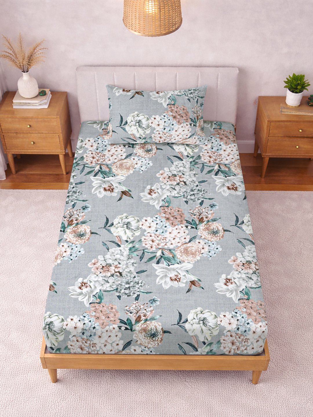 Grey Floral Cotton Blend Single Bedsheet with Pillow Cover